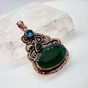 Stunning! Emerald and Blue Topaz Copper Oxidized Pendant 2.44"